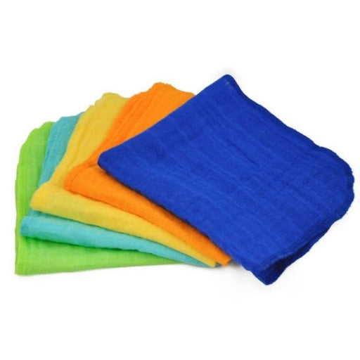 caption- Five brightly toned muslin washcloths