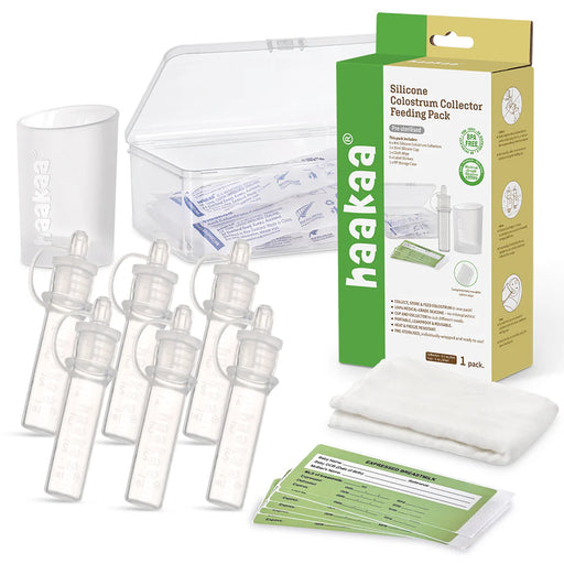 Haakaa silicone colostrum collector feeding pack with packaging on a white background