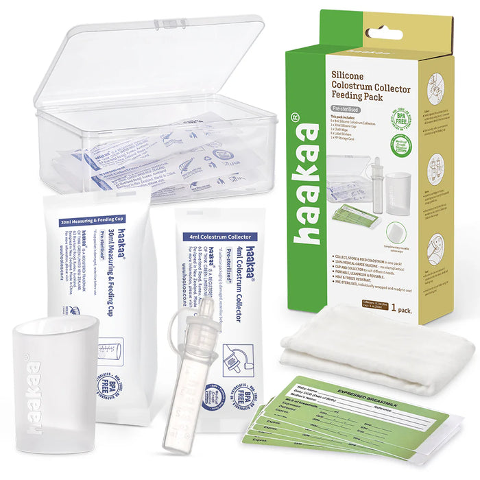 Haakaa silicone colostrum collector packaging with accessories on a white background