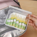 Container with compressed samples labeled 'Compressed' held by a hand over an open cooler bag.