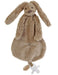 Plush toy rabbit with a pacifier on a white background