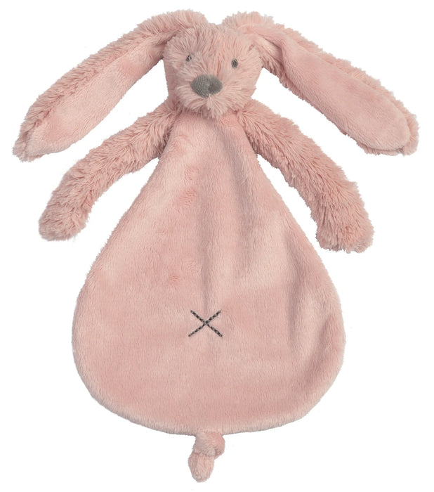 Pink plush bunny toy with a black 'X' on a white background