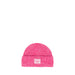 A bright pink knit beanie hat with a folded cuff and a small rectangular Herschel logo patch on the front, photographed against a white background.