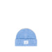 Blue knit beanie with a Herschel brand label on a white background