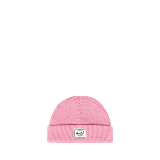 A pink knit beanie hat with a folded cuff and a small white Herschel logo patch in the center on a white background.