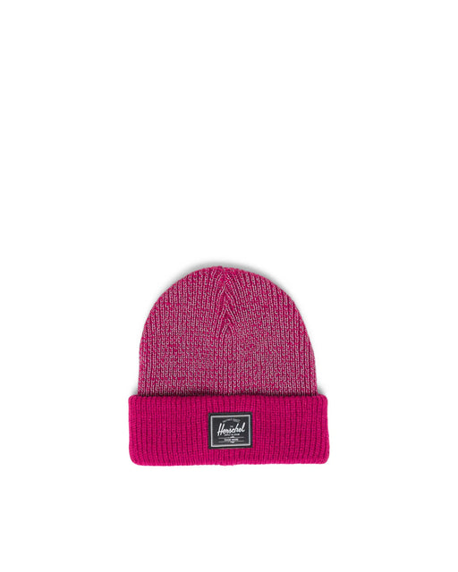 Pink beanie with a logo on a white background