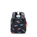 Black backpack with colorful car pattern on a white background