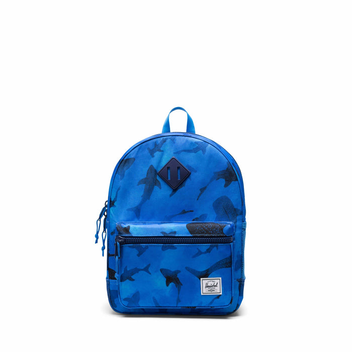 Blue camouflage backpack with a visible brand logo on a white background