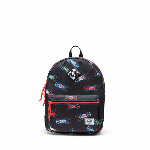 Black backpack with car pattern on a white background