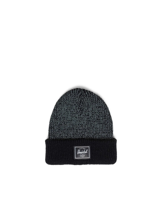 Black beanie with a logo on a white background