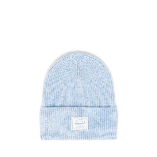 sky blue beanie with a herschel label on a white background