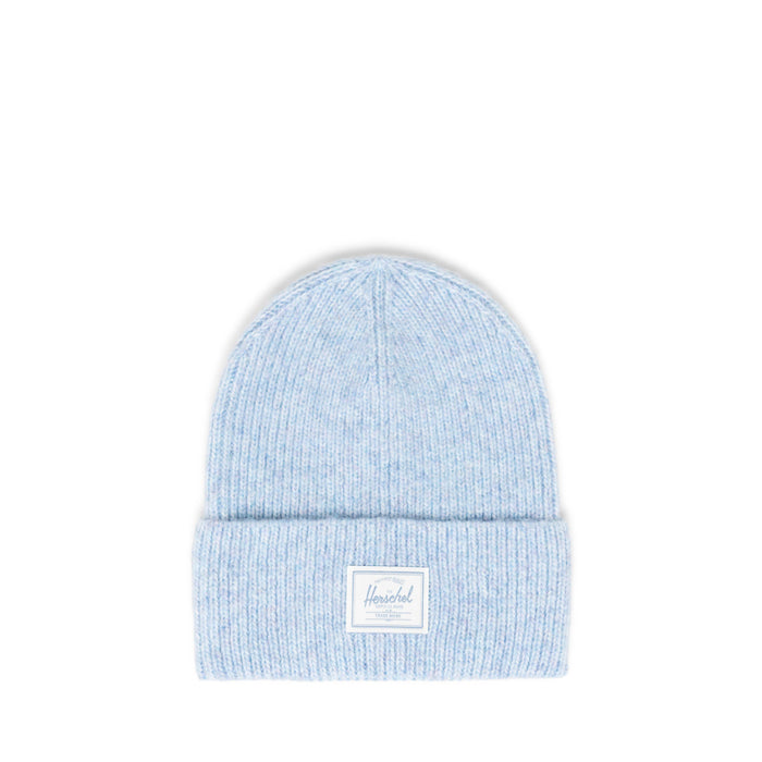 sky blue beanie with a herschel label on a white background