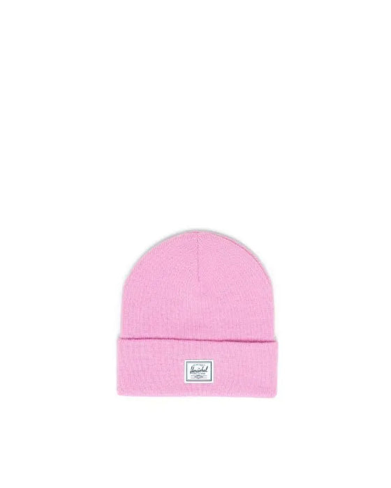 heathered strawberry beanie with a herschel logo on a white background