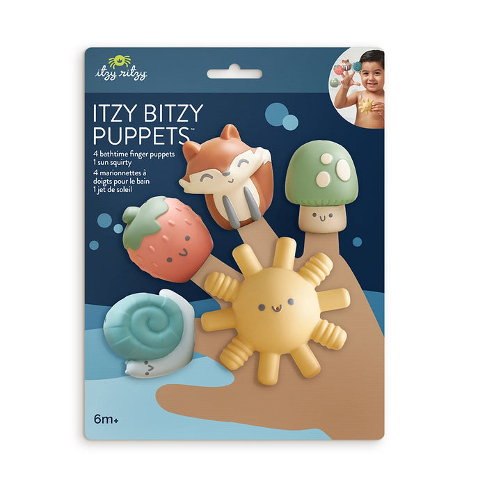 Packaging of Itzy Bitzy bath time finger puppets with a fox, mushroom, strawberry, snail and sun design.