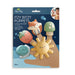 Packaging of Itzy Bitzy bath time finger puppets with a fox, mushroom, strawberry, snail and sun design.