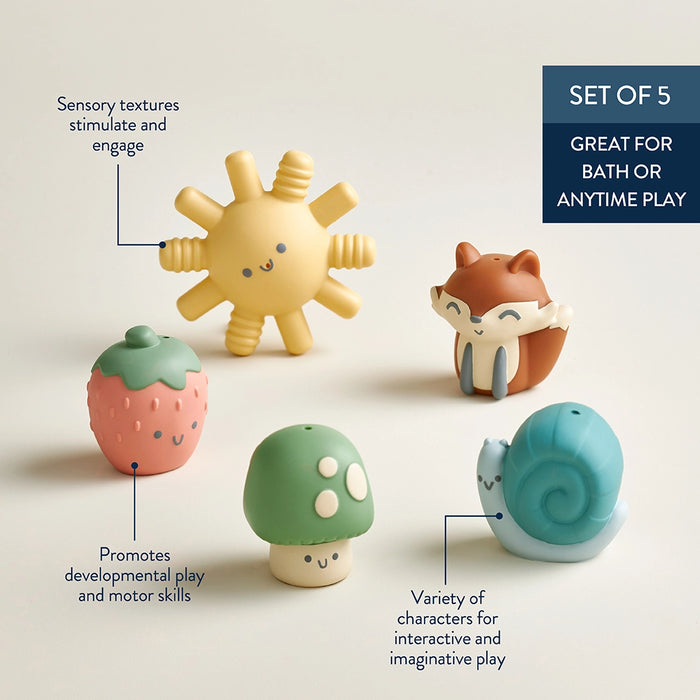 Set of five bath toys with text describing their features on a light background