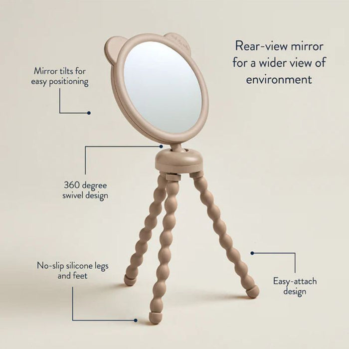 Rear-view stroller mirror with a 360-degree swivel design on a beige background