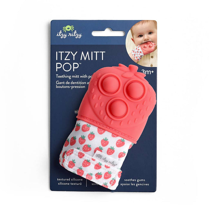 Itzy Ritzy Itzy Mitt Pop teething mitt with strawberry pattern on packaging