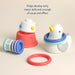 Colorful baby toys on a beige background with text about developmental benefits.