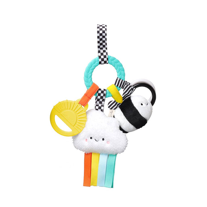 Baby toy with colorful rings and a cloud-shaped rattle on a white background