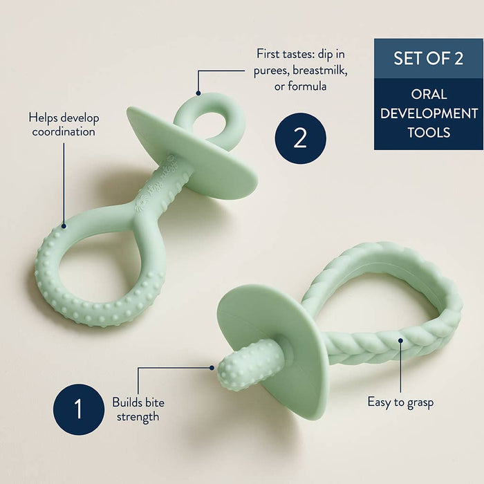 Set of two mint green baby teether and pacifier on a beige background with text describing features.
