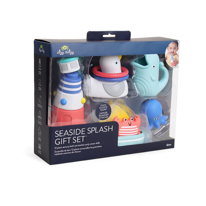 Seaside Splash gift set packaging with colorful bath toys on a white background