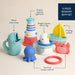 12-piece sensory bath set with labeled components on a beige background