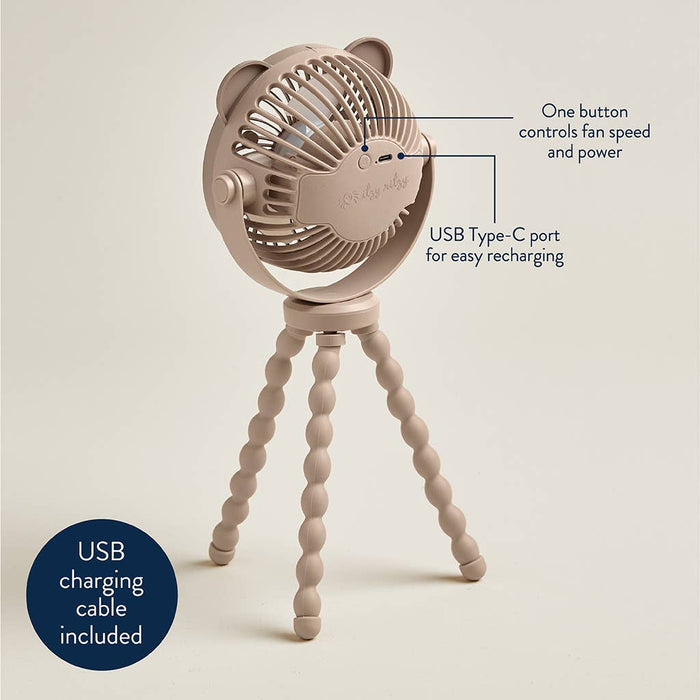 Portable fan with tripod stand on a beige background, featuring text labels.