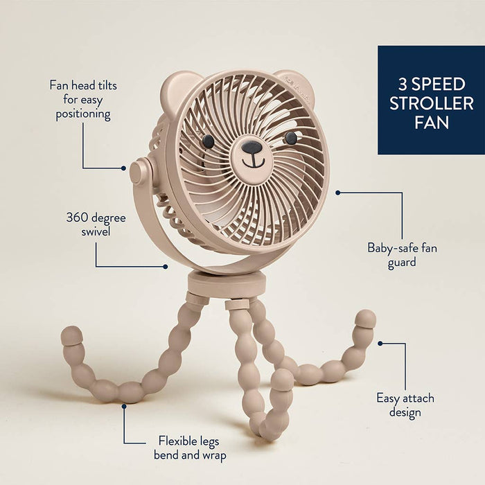 bear-shaped stroller fan with features highlighted on a beige background