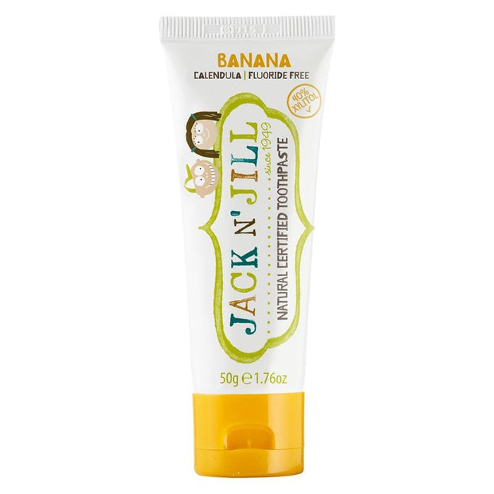 Jack N' Jill banana-flavored toothpaste tube on a white background