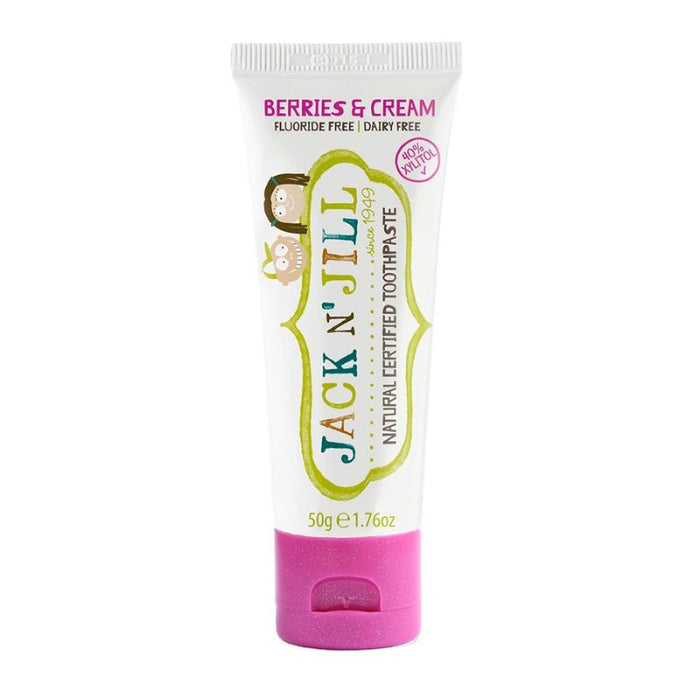 Tube of Jack N' Jill toothpaste with 'Berries & Cream' flavor on a white background