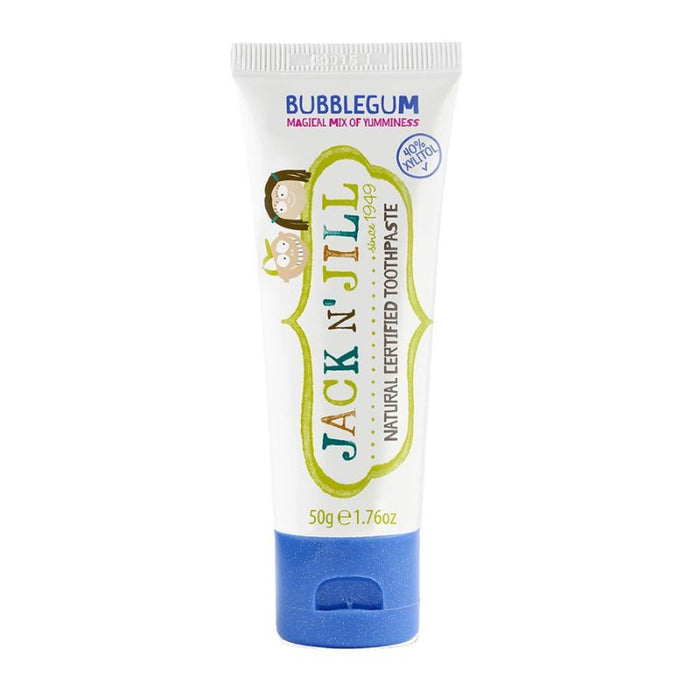 Tube of Jack N' Jill bubblegum-flavored toothpaste on a white background