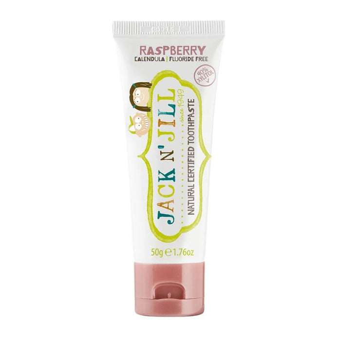 Tube of Jack N' Jill raspberry-flavored toothpaste on a white background