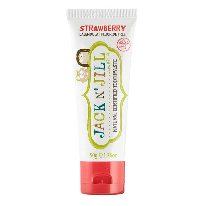 Jack N' Jill strawberry-flavored toothpaste tube on a white background