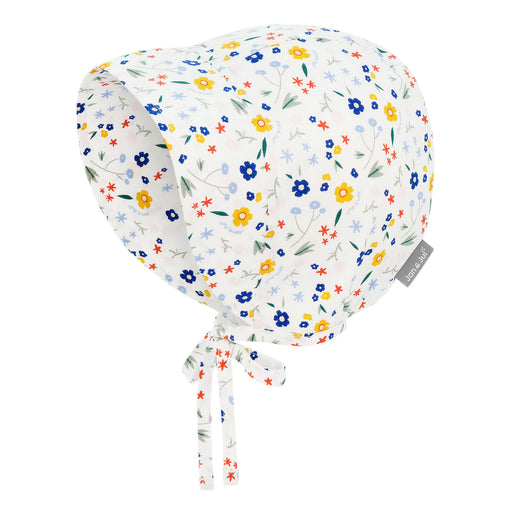 Floral-patterned baby bonnet on a white background