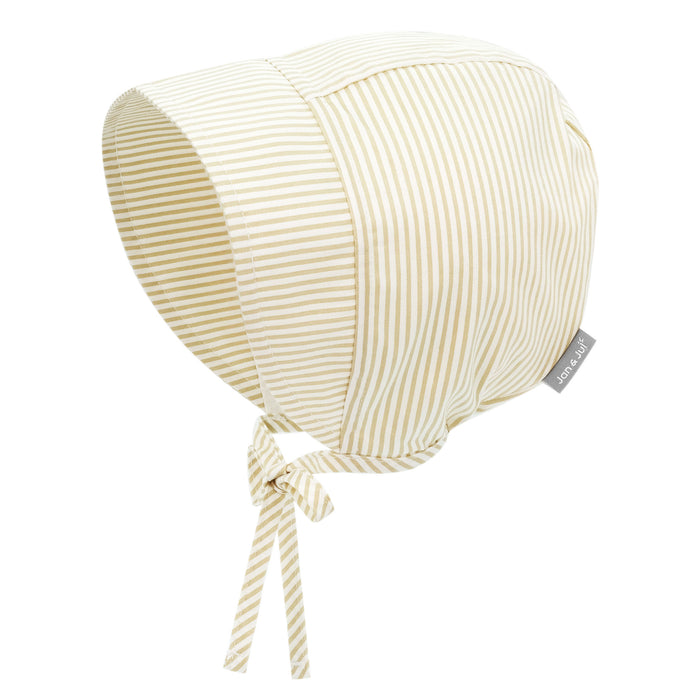 Beige striped baby bonnet with a bow on a white background