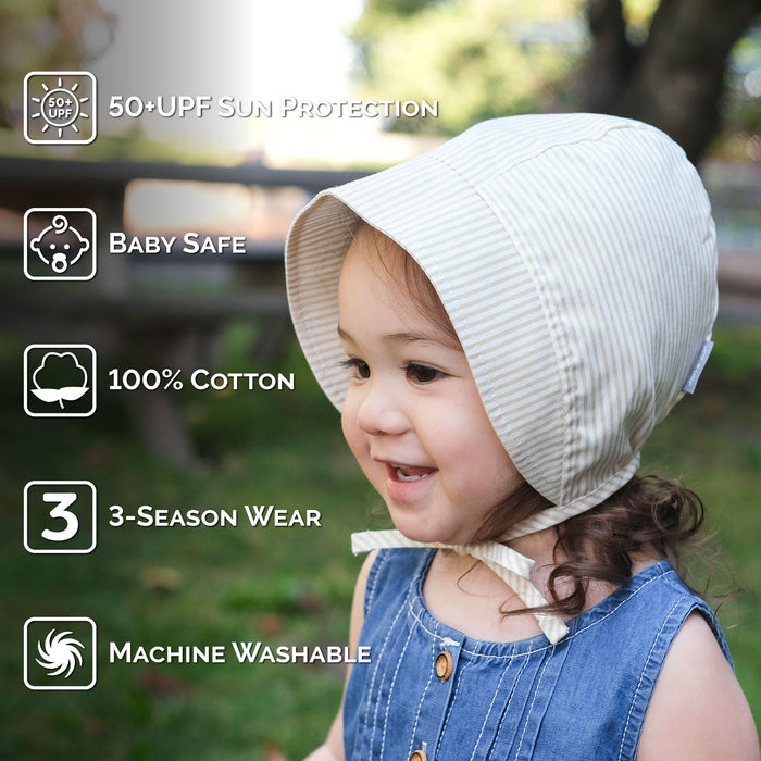 Child wearing a white sun hat with text highlighting features like 50+ UPF sun protection, baby safety, 100% cotton, 3-season wear, and machine washability.