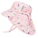 Pink children's sun hat with floral and cat pattern on a white background