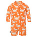 Orange baby romper with crab pattern on a white background