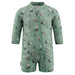 Green baby romper with animal pattern on a white background