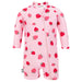 Pink baby onesie with strawberry pattern on a white background