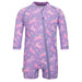 Purple children's swimsuit with unicorn pattern on a white background