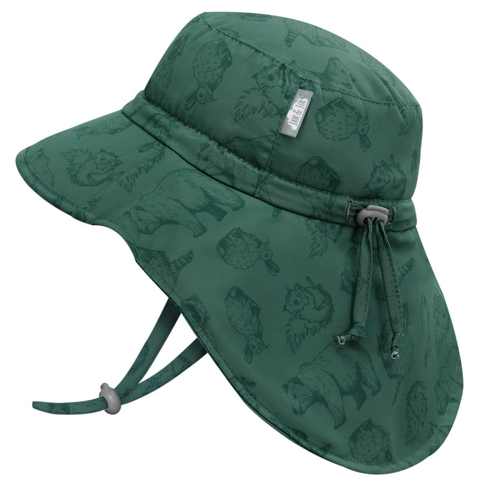 Green patterned sun hat with a drawstring on a white background