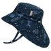 Navy bucket hat with shark pattern on a white background