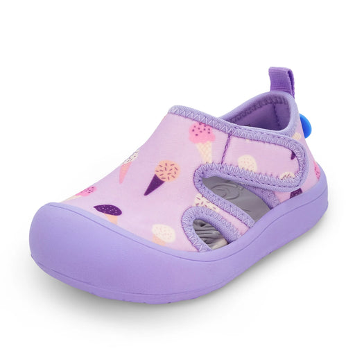 Purple children's sandal with ice cream pattern on a white background
