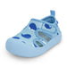 Blue children's sandal with whale design on a white background