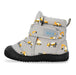 Gray children's boot with construction vehicle pattern on a white background