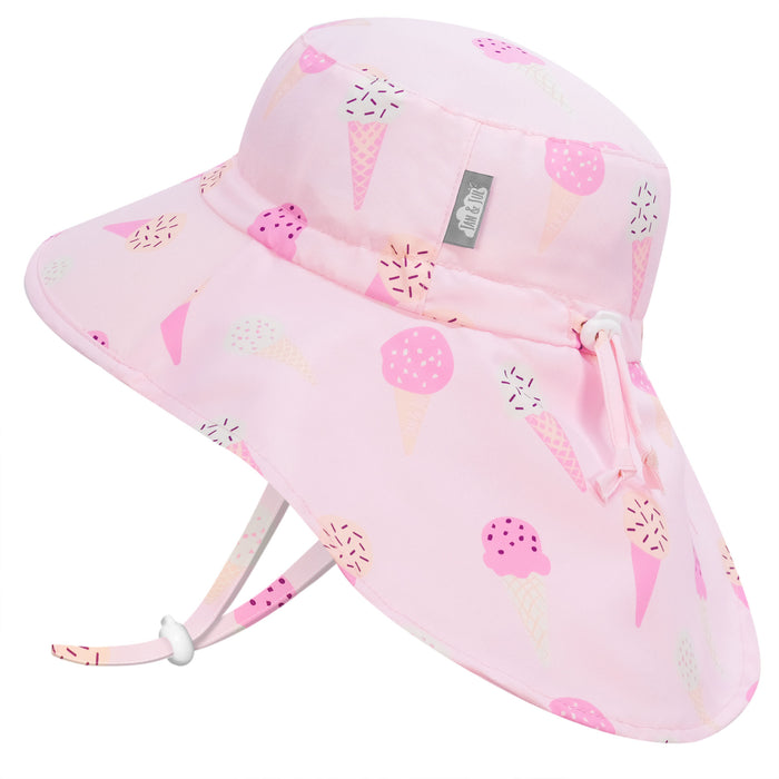 Pink sun hat with ice cream pattern on a white background