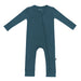A zippered blue Kyte Baby romper for babies on a white background