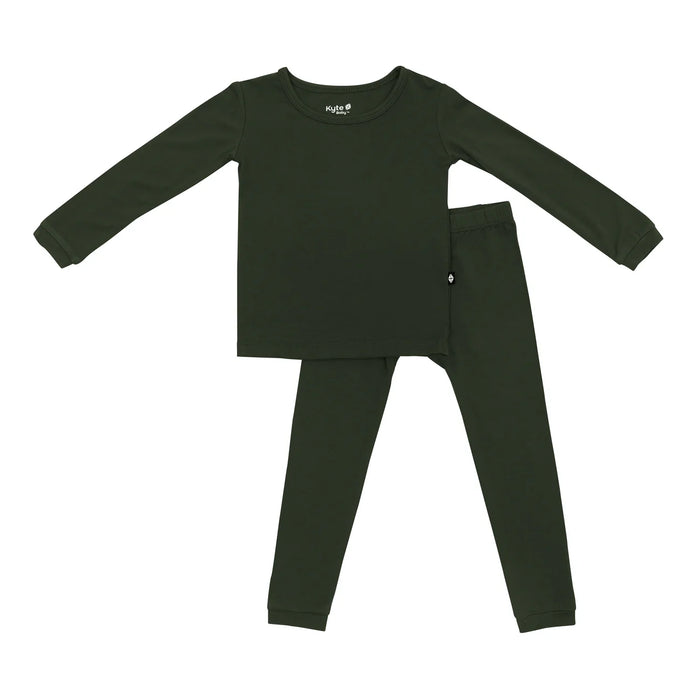 Dark green long-sleeve top and pj pants set on a white background